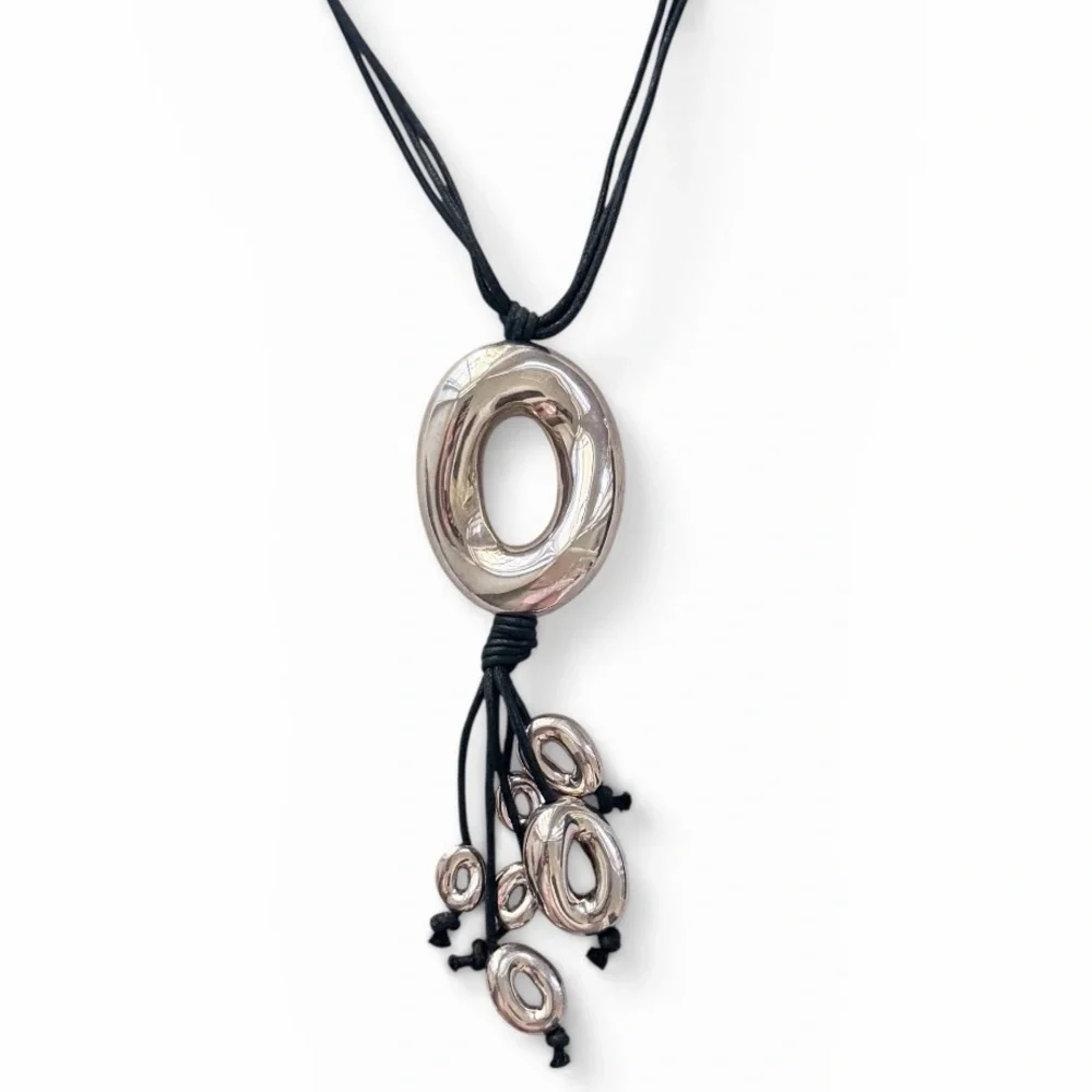 L’una Italy Sterling Silver Modern Oval Pendant Multi-Strand Black Cord Necklace